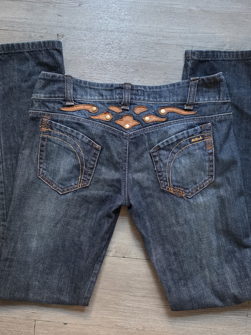 VTG Miss Sixty Killah Blue Jeans w/ Brown Faux Leather Design Low Rise Sz 28 Y2K